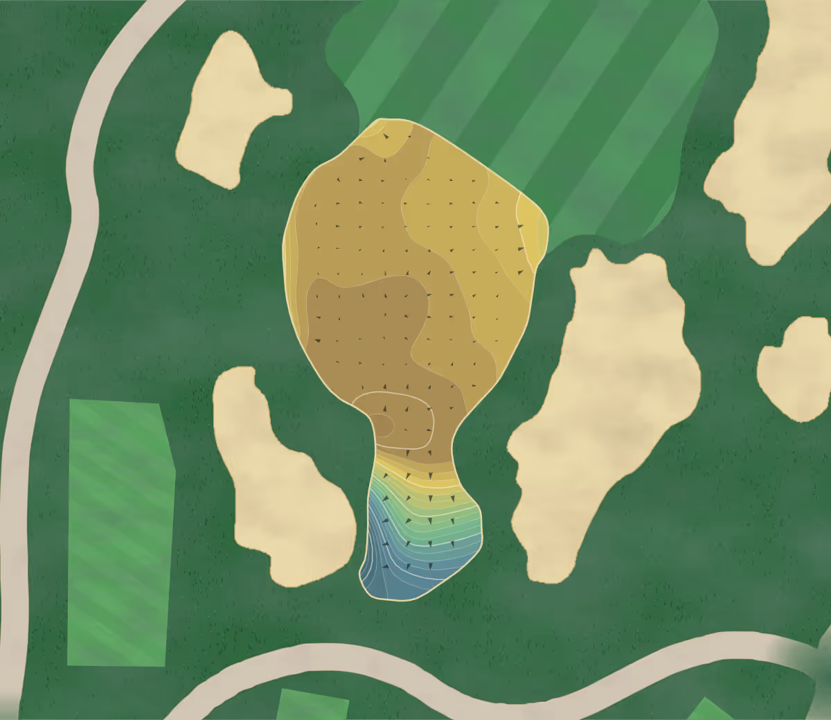 Green contour map of Minikahda in Minneapolis, Minnesota — 260 elevation contours at a 3-inch interval with fall-line arrows, traced from 1-meter lidar