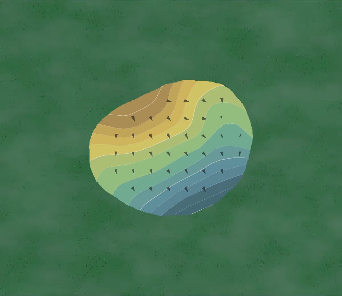 Green contour map of Minne Monesse in Grant Park, Illinois — 180 elevation contours at a 3-inch interval with fall-line arrows, traced from 1-meter lidar