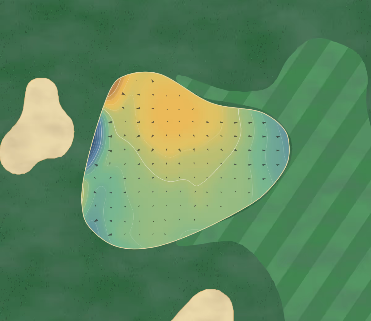 Green contour map of Miramichi in Miramichi, Canada: 215 elevation contours at a 8-centimeter interval with fall-line arrows, traced from 1-meter lidar
