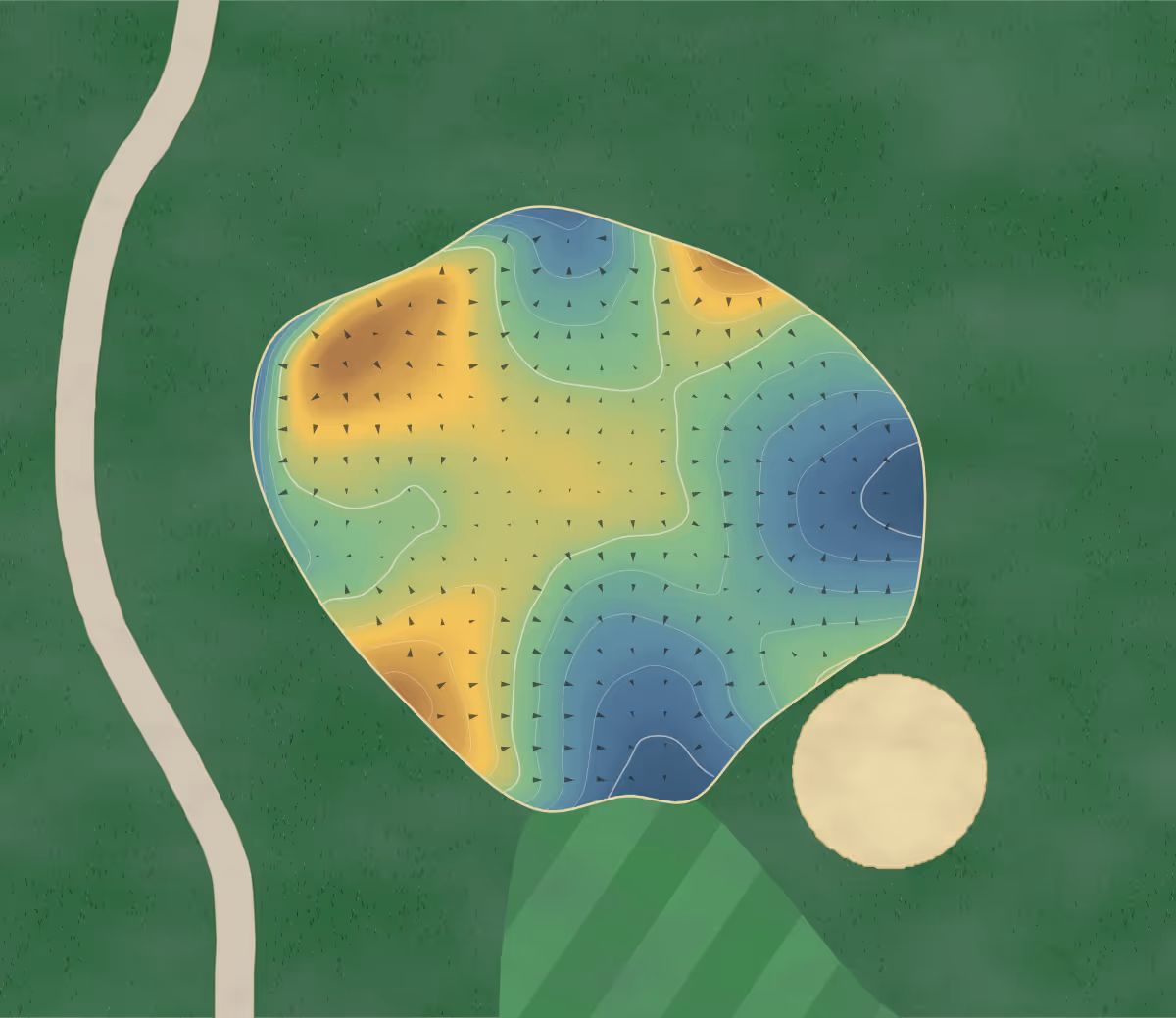 Green contour map of Miskanaw in Fort McMurray, Canada: 132 elevation contours at a 8-centimeter interval with fall-line arrows, traced from 1-meter lidar