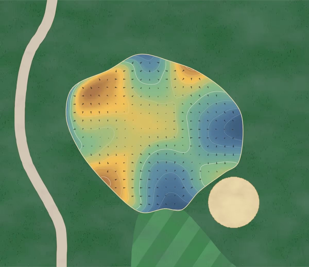Green contour map of Miskanaw in Fort McMurray, Canada — 130 elevation contours at a 8-centimeter interval with fall-line arrows, traced from 1-meter lidar