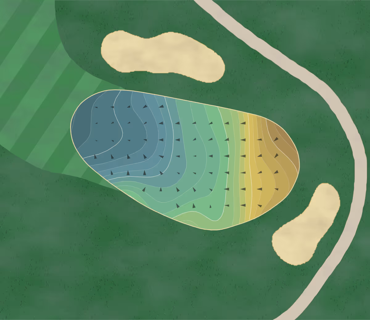 Green contour map of Mission Lakes in Desert Hot Springs, California — 214 elevation contours at a 3-inch interval with fall-line arrows, traced from 1-meter lidar