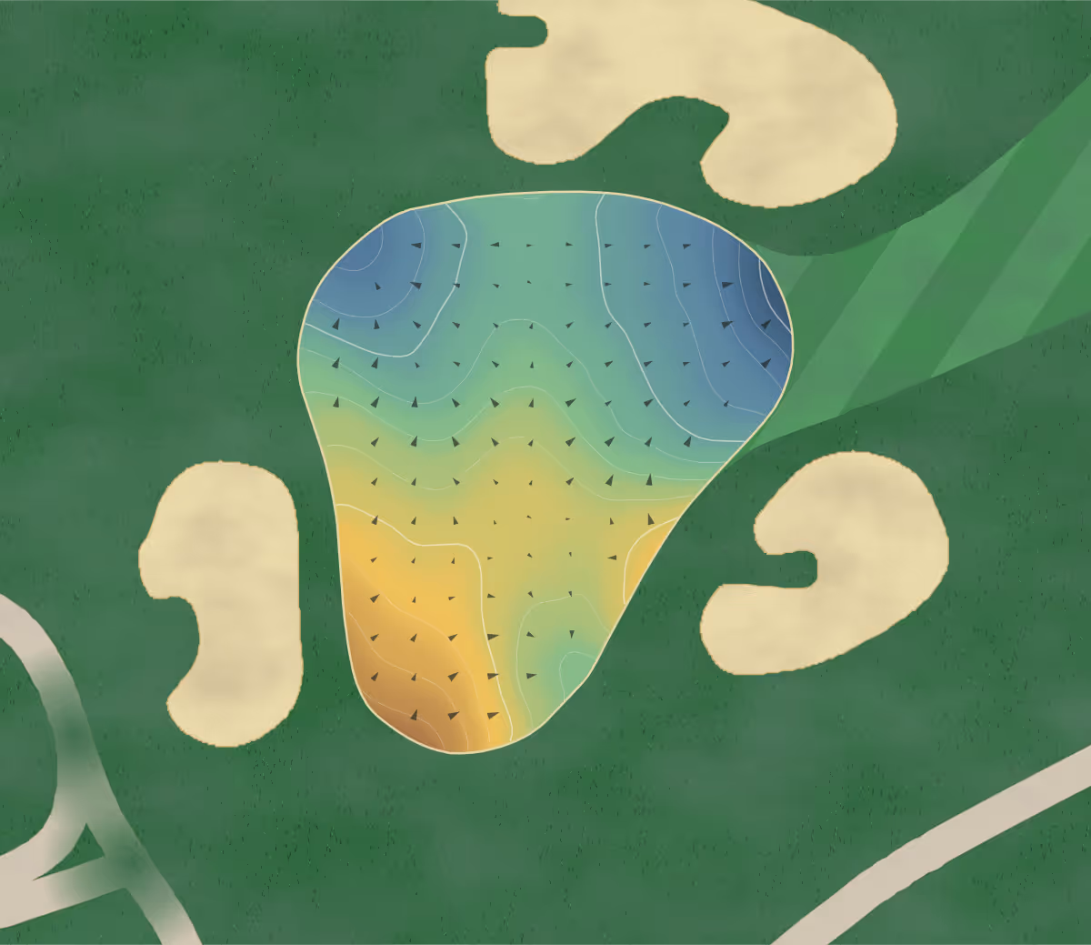 Green contour map of Mississaugua in Mississauga, Canada: 200 elevation contours at a 8-centimeter interval with fall-line arrows, traced from 1-meter lidar
