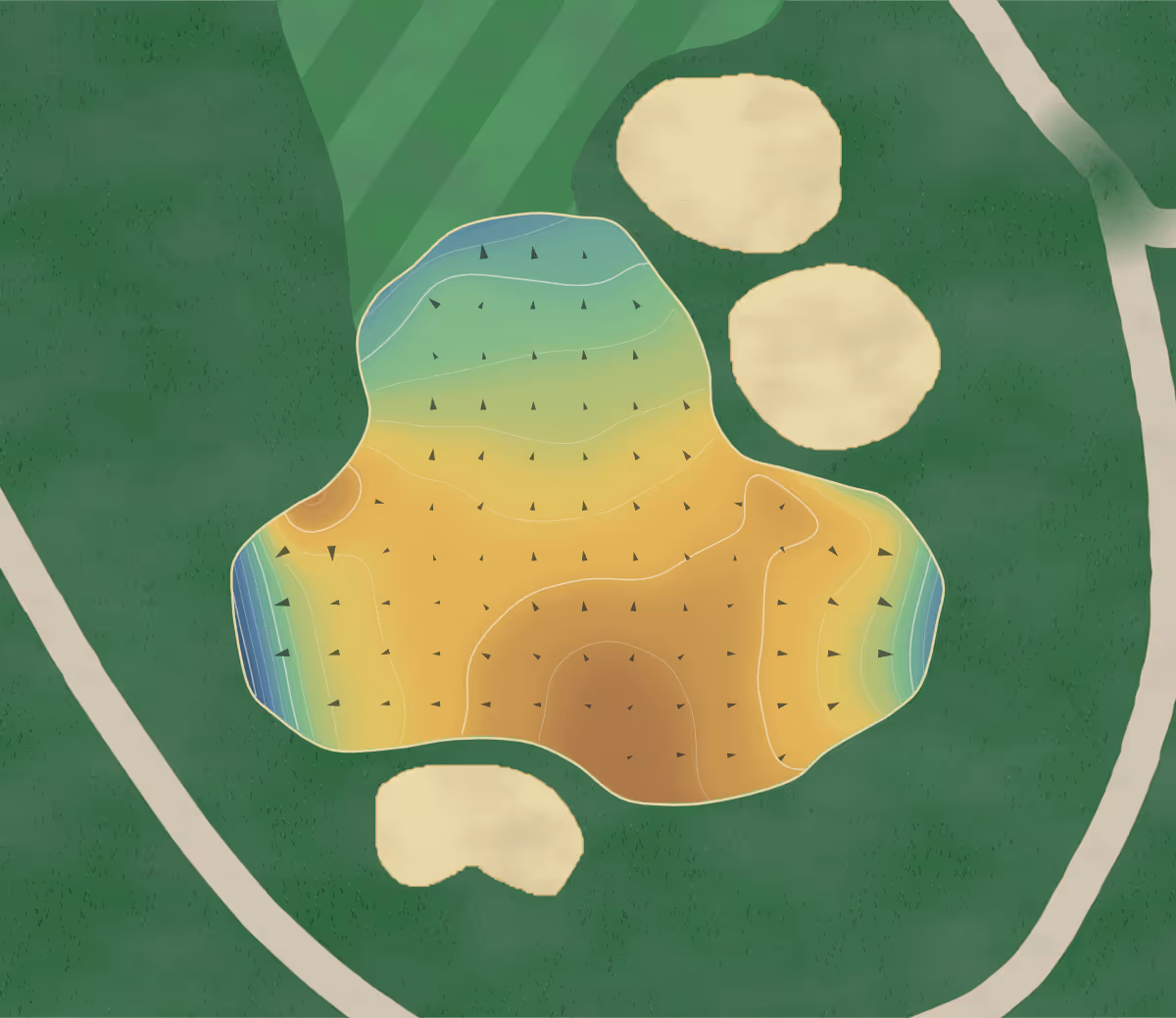 Green contour map of Mississippi State in Starkville, Mississippi — 199 elevation contours at a 3-inch interval with fall-line arrows, traced from 1-meter lidar