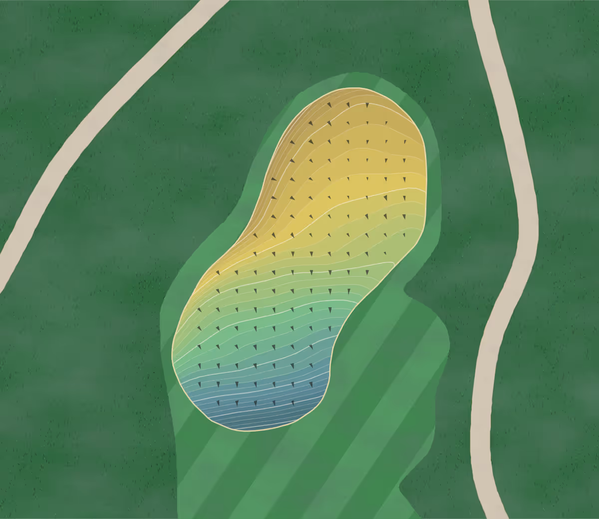 Green contour map of Missouri Bluffs in St Charles, Missouri — 358 elevation contours at a 3-inch interval with fall-line arrows, traced from 1-meter lidar