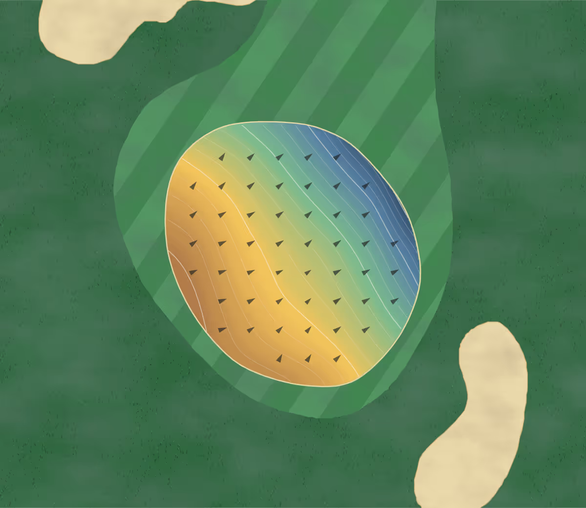 Green contour map of Mita Golf Club in Sanda, Japan: 179 elevation contours at a 8-centimeter interval with fall-line arrows, traced from 1-meter lidar