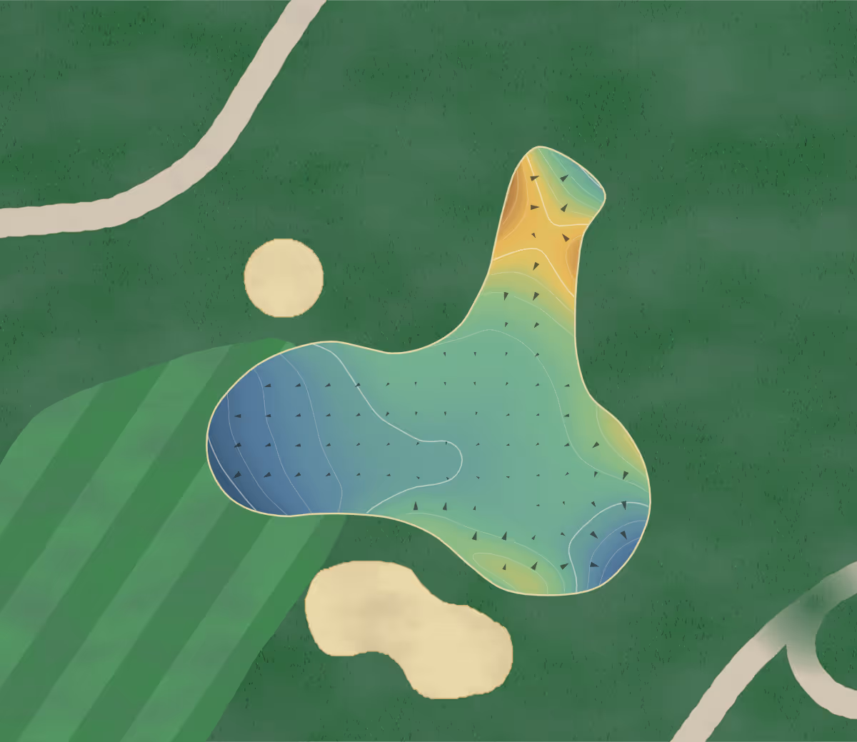 Green contour map of Mitchell Golf in Mitchell, Canada — 187 elevation contours at a 8-centimeter interval with fall-line arrows, traced from 1-meter lidar