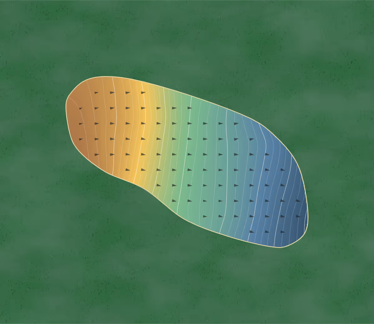 Green contour map of Miyazaki Kokusai Kuko in Miyazaki, Japan: 180 elevation contours at a 8-centimeter interval with fall-line arrows, traced from 1-meter lidar