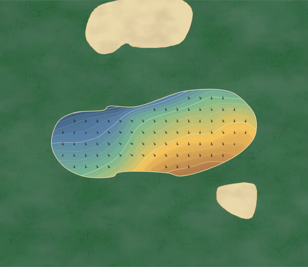 Green contour map of Mizunami Kogen in Mizunami, Japan: 422 elevation contours at a 8-centimeter interval with fall-line arrows, traced from 1-meter lidar