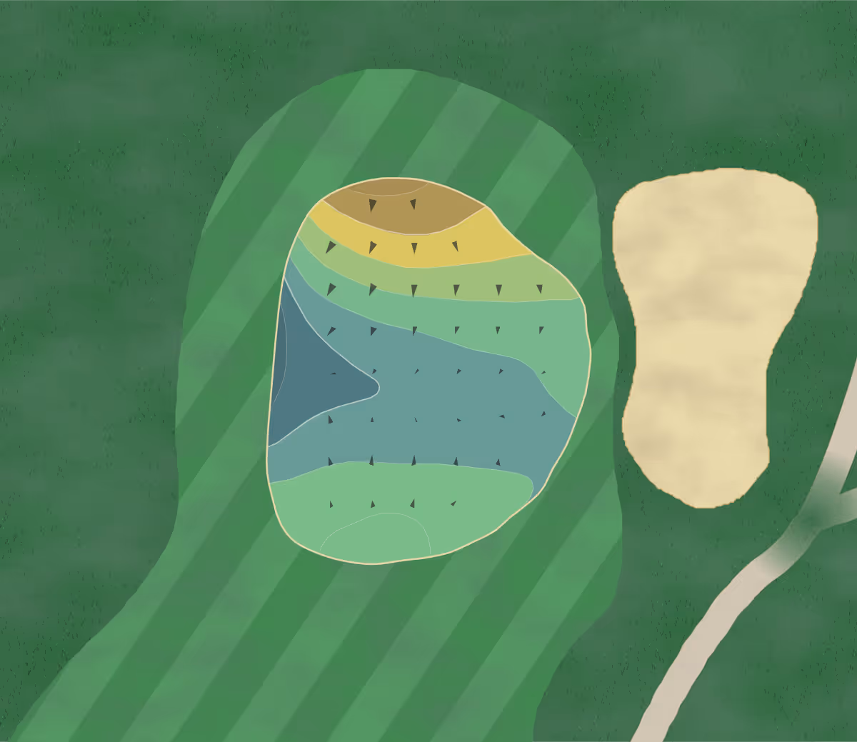 Green contour map of Moccasin Bend in Chattanooga, Tennessee — 104 elevation contours at a 3-inch interval with fall-line arrows, traced from 1-meter lidar