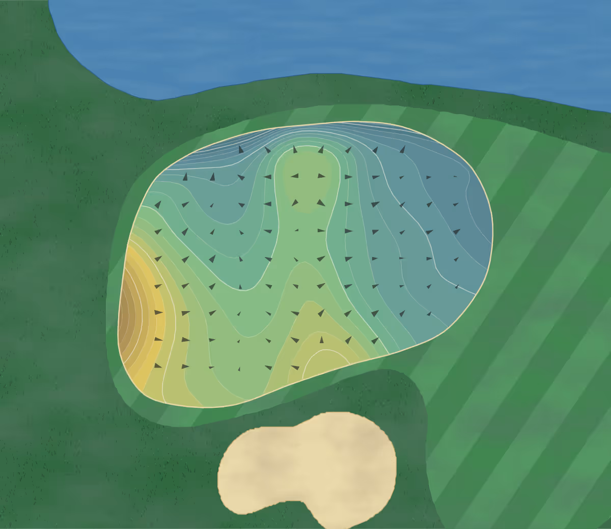 Green contour map of Mojave Resort in Laughlin, Nevada — 270 elevation contours at a 3-inch interval with fall-line arrows, traced from 1-meter lidar