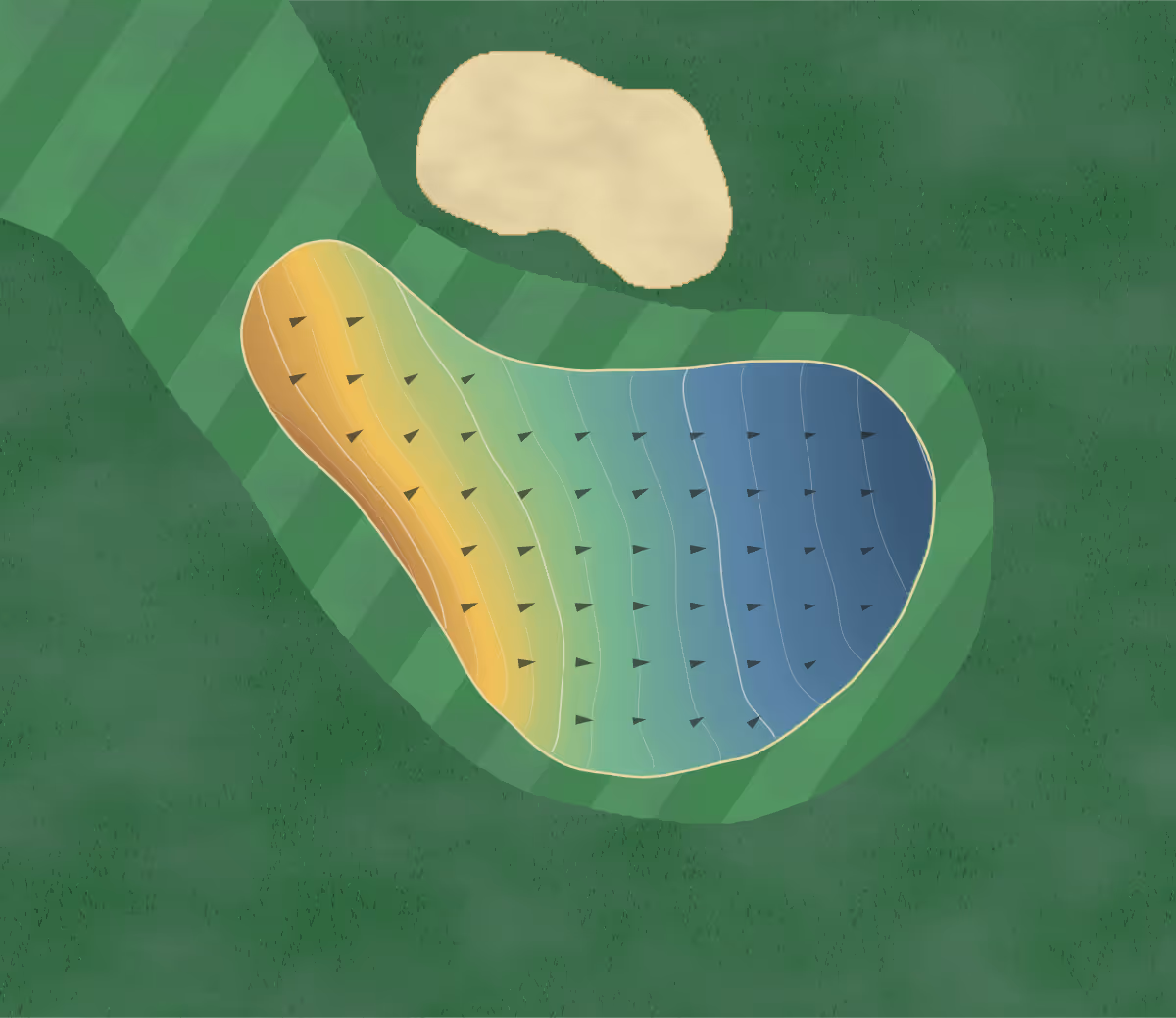 Green contour map of Monash in Ingleside, Australia — 56 elevation contours at a 8-centimeter interval with fall-line arrows, traced from 1-meter lidar