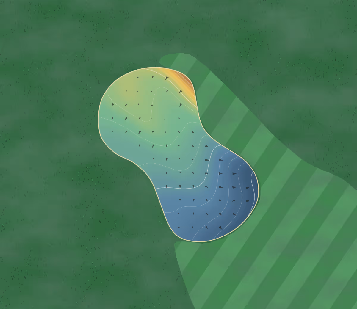 Green contour map of Monck's Landing in Norland, Canada: 49 elevation contours at a 8-centimeter interval with fall-line arrows, traced from 1-meter lidar