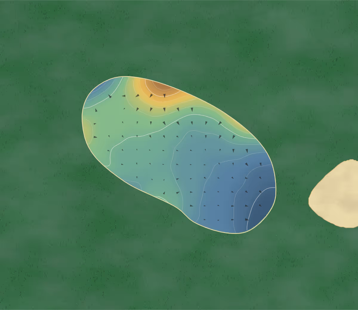 Green contour map of Mond Valley in Swansea, Wales — 73 elevation contours at a 8-centimeter interval with fall-line arrows, traced from 1-meter lidar