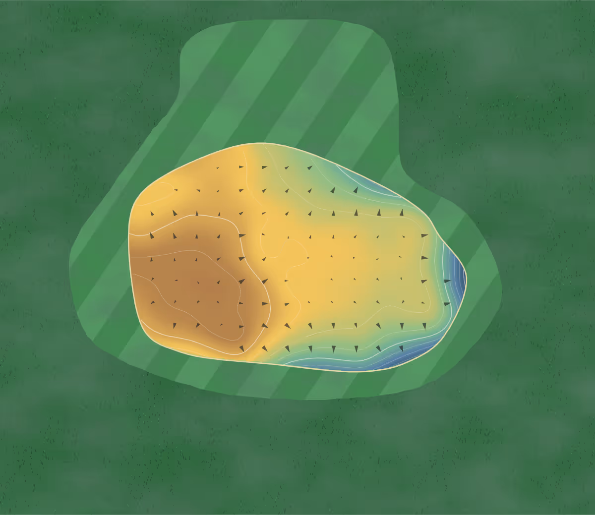 Green contour map of Monkstown in Monkstown, Ireland: 10 elevation contours at a 8-centimeter interval with fall-line arrows, traced from 1-meter lidar