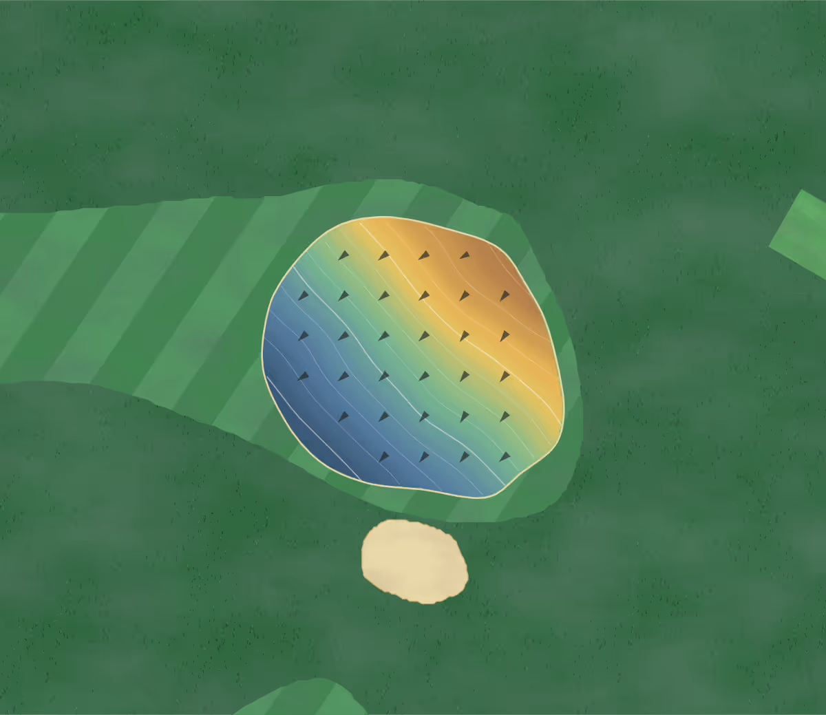 Green contour map of Monkton Park in Chippenham, United Kingdom — 43 elevation contours at a 8-centimeter interval with fall-line arrows, traced from 1-meter lidar