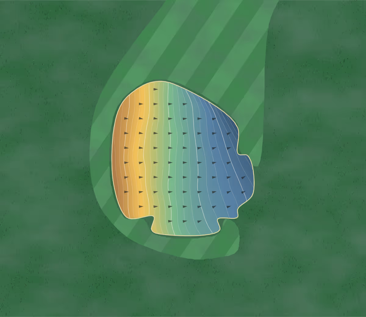 Green contour map of Monmouth in Monmouth, United Kingdom — 200 elevation contours at a 8-centimeter interval with fall-line arrows, traced from 1-meter lidar
