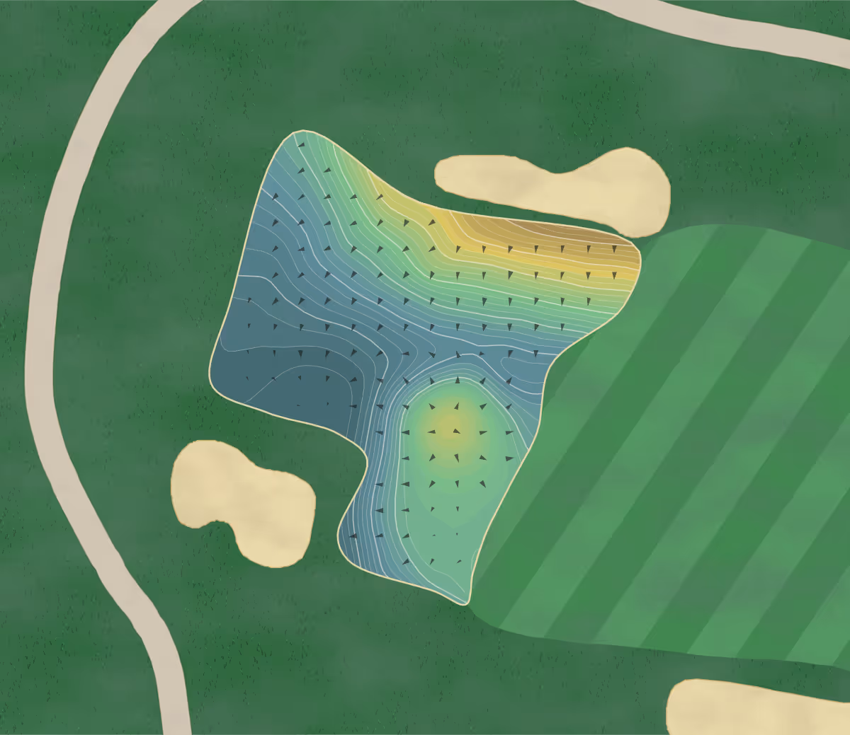 Green contour map of Monroe GC in Pittsford, New York — 323 elevation contours at a 3-inch interval with fall-line arrows, traced from 1-meter lidar