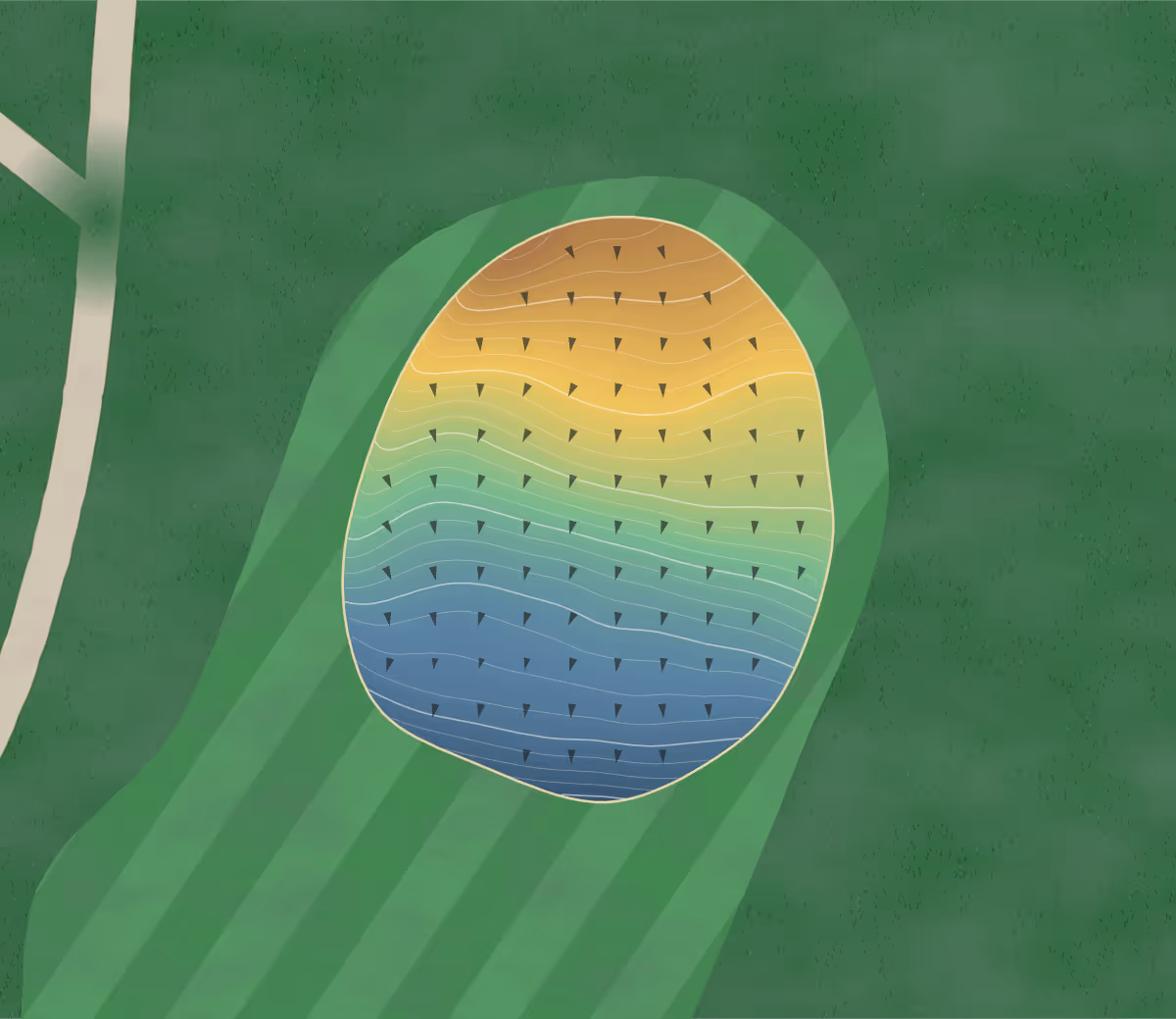 Green contour map of Monroe Golf in Monroe, Michigan — 171 elevation contours at a 3-inch interval with fall-line arrows, traced from 1-meter lidar