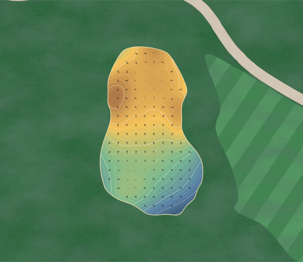 Green contour map of Mont Cascades in Cantley, Canada: 295 elevation contours at a 8-centimeter interval with fall-line arrows, traced from 1-meter lidar