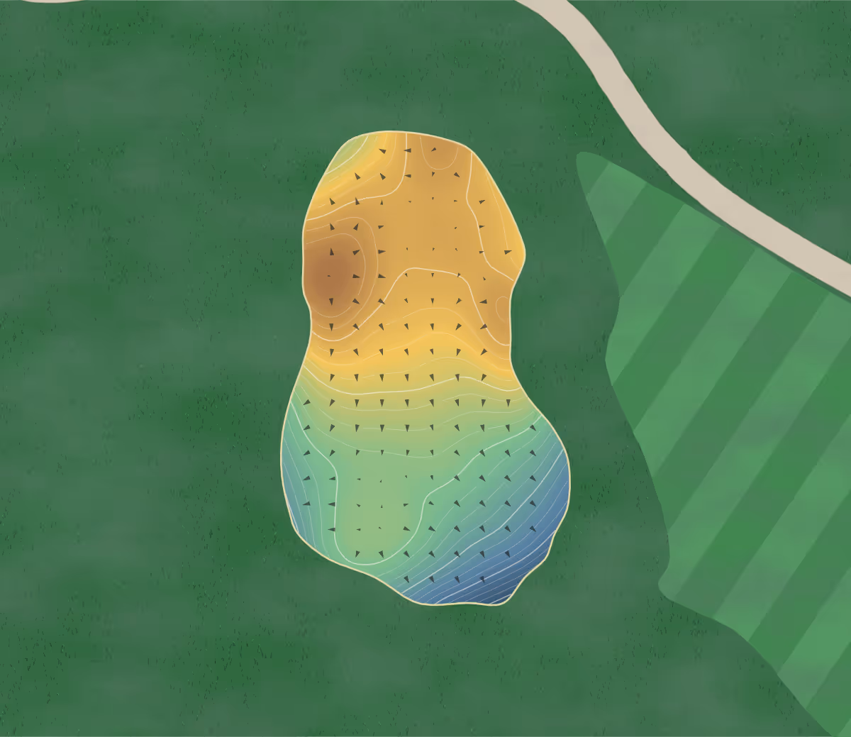 Green contour map of Mont Cascades in Cantley, Canada — 299 elevation contours at a 8-centimeter interval with fall-line arrows, traced from 1-meter lidar