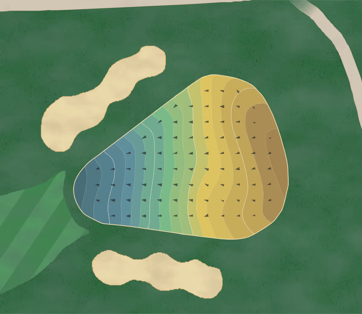 Green contour map of Montaup CC in Portsmouth, Rhode Island — 201 elevation contours at a 3-inch interval with fall-line arrows, traced from 1-meter lidar