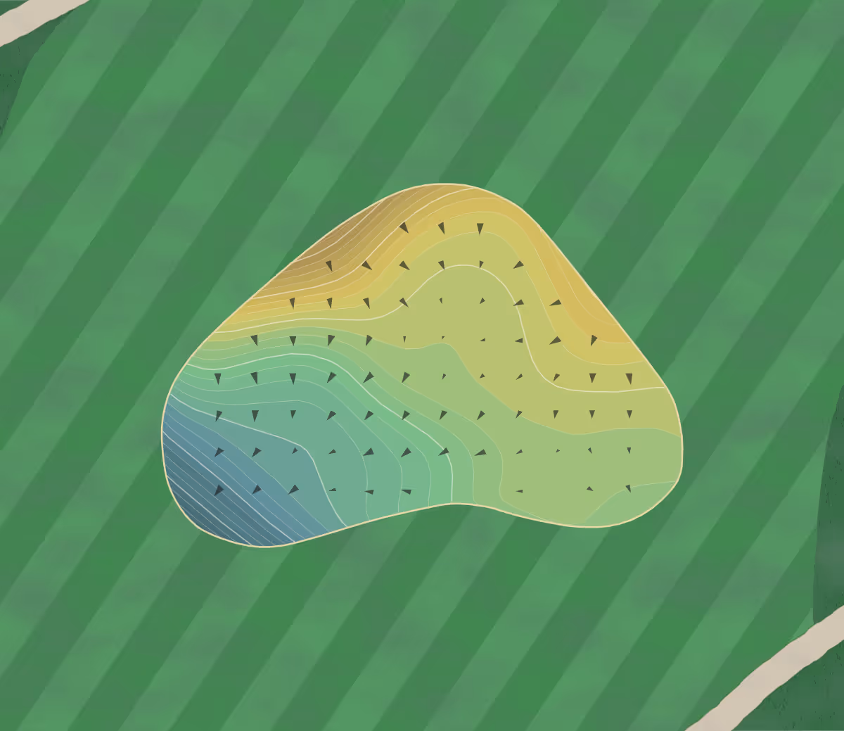 Green contour map of Montecito Club in Santa Barbara, California — 253 elevation contours at a 3-inch interval with fall-line arrows, traced from 1-meter lidar