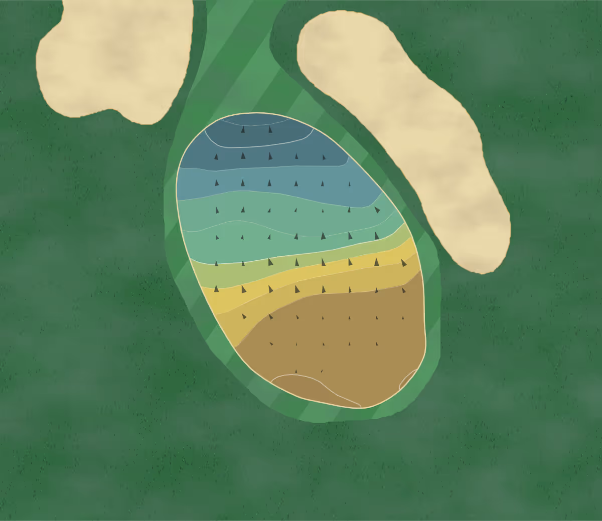 Green contour map of Monterey CC in Palm Desert, California — 27 elevation contours at a 3-inch interval with fall-line arrows, traced from 1-meter lidar