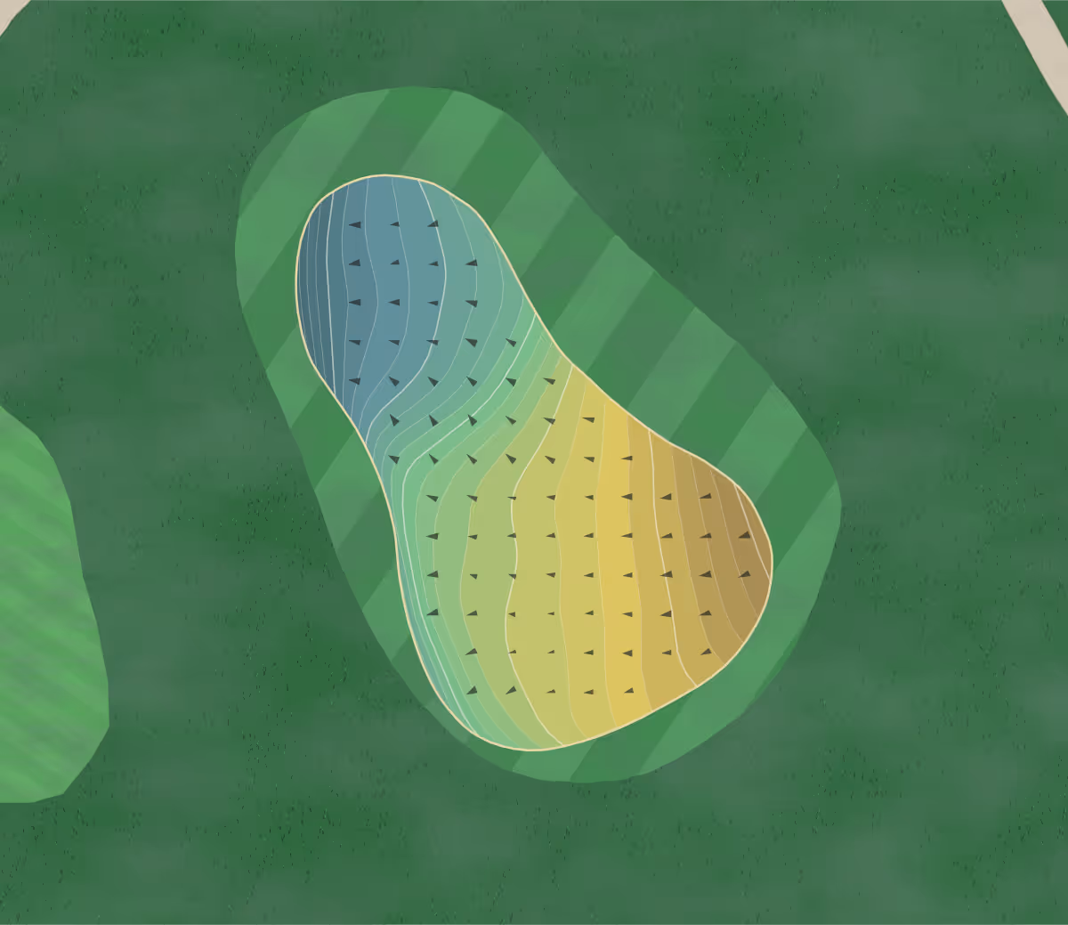 Green contour map of Monterey Pines in Monterey, California — 210 elevation contours at a 3-inch interval with fall-line arrows, traced from 1-meter lidar