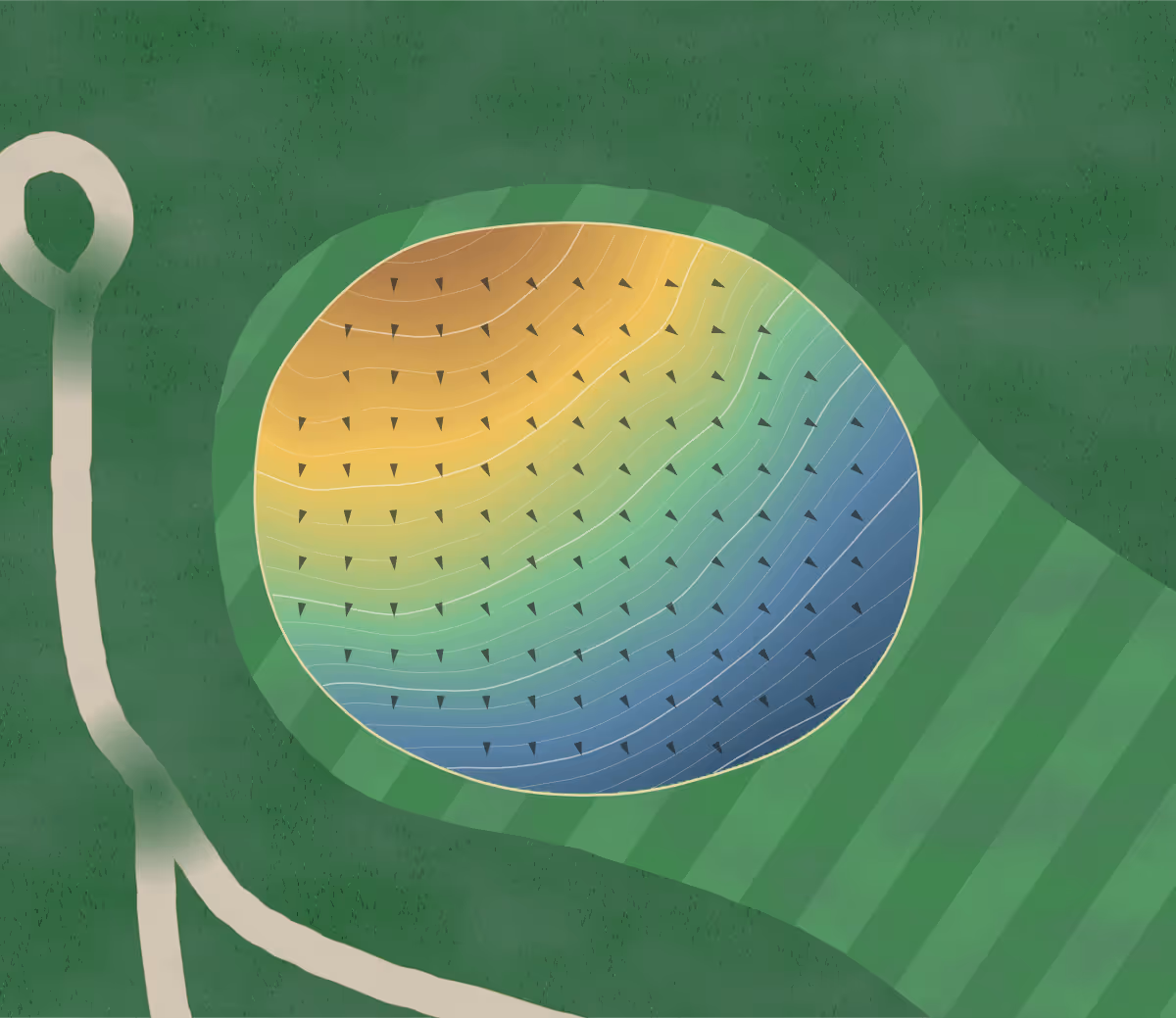 Green contour map of Monthill in Caledonia, Canada — 309 elevation contours at a 8-centimeter interval with fall-line arrows, traced from 1-meter lidar