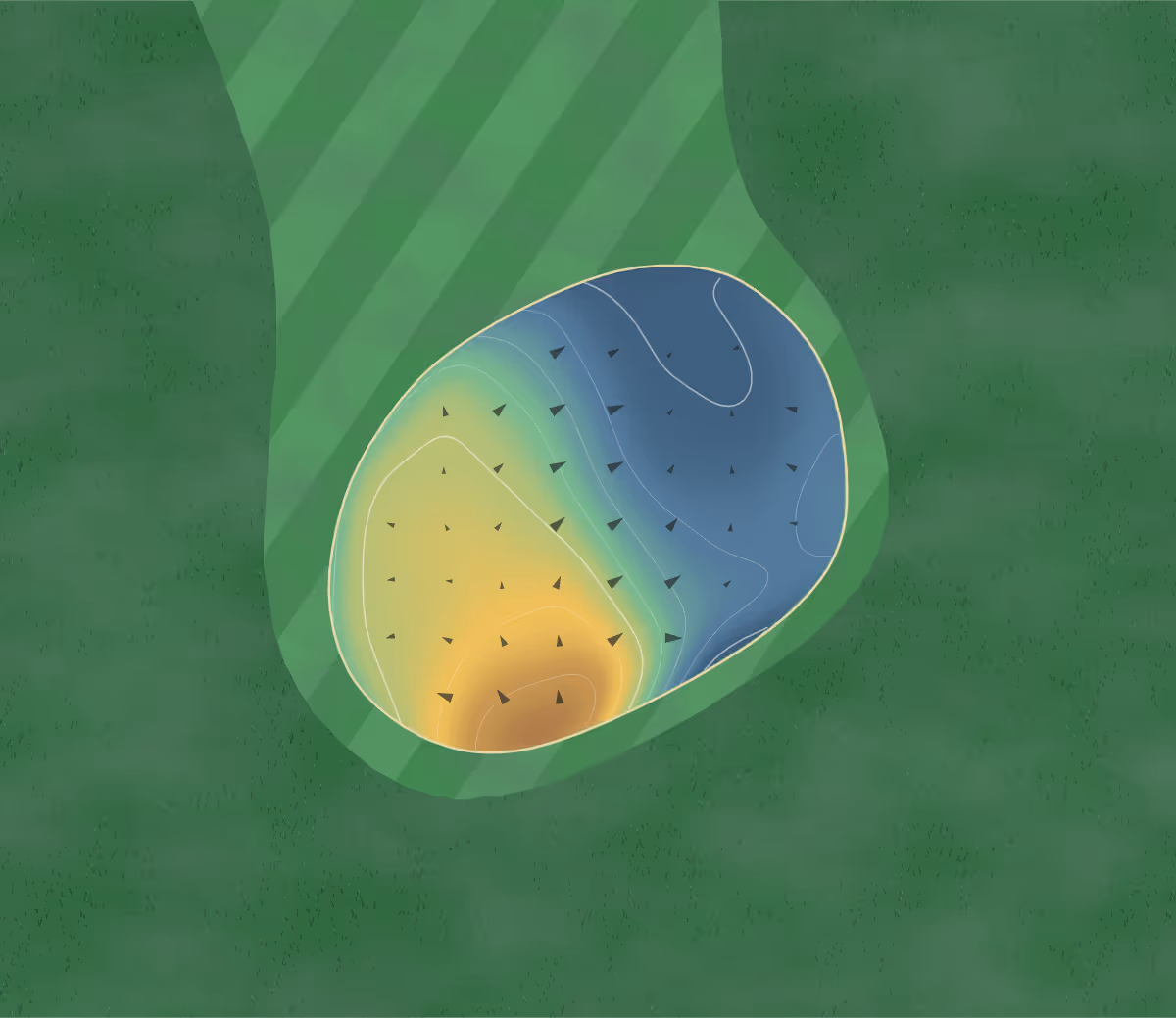 Green contour map of Monticello GC in Monticello, Iowa: 52 elevation contours at a 3-inch interval with fall-line arrows, traced from 1-meter lidar