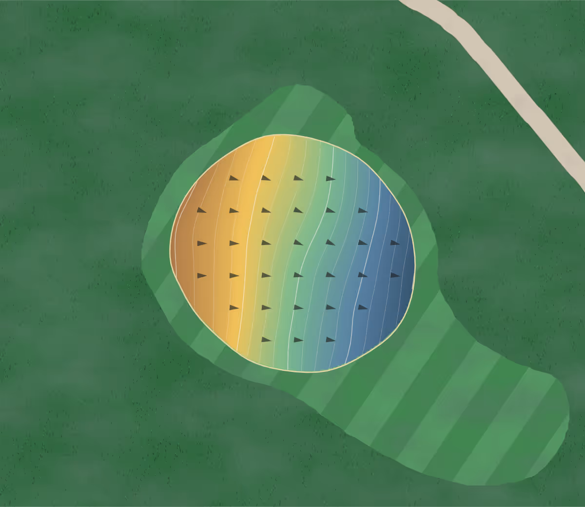 Green contour map of Montlake Golf Course in Soddy Daisy, Tennessee — 192 elevation contours at a 3-inch interval with fall-line arrows, traced from 1-meter lidar