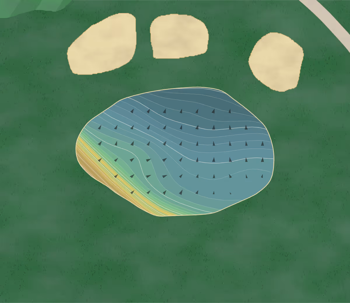 Green contour map of Montrose Club in Montrose, Pennsylvania — 114 elevation contours at a 3-inch interval with fall-line arrows, traced from 1-meter lidar