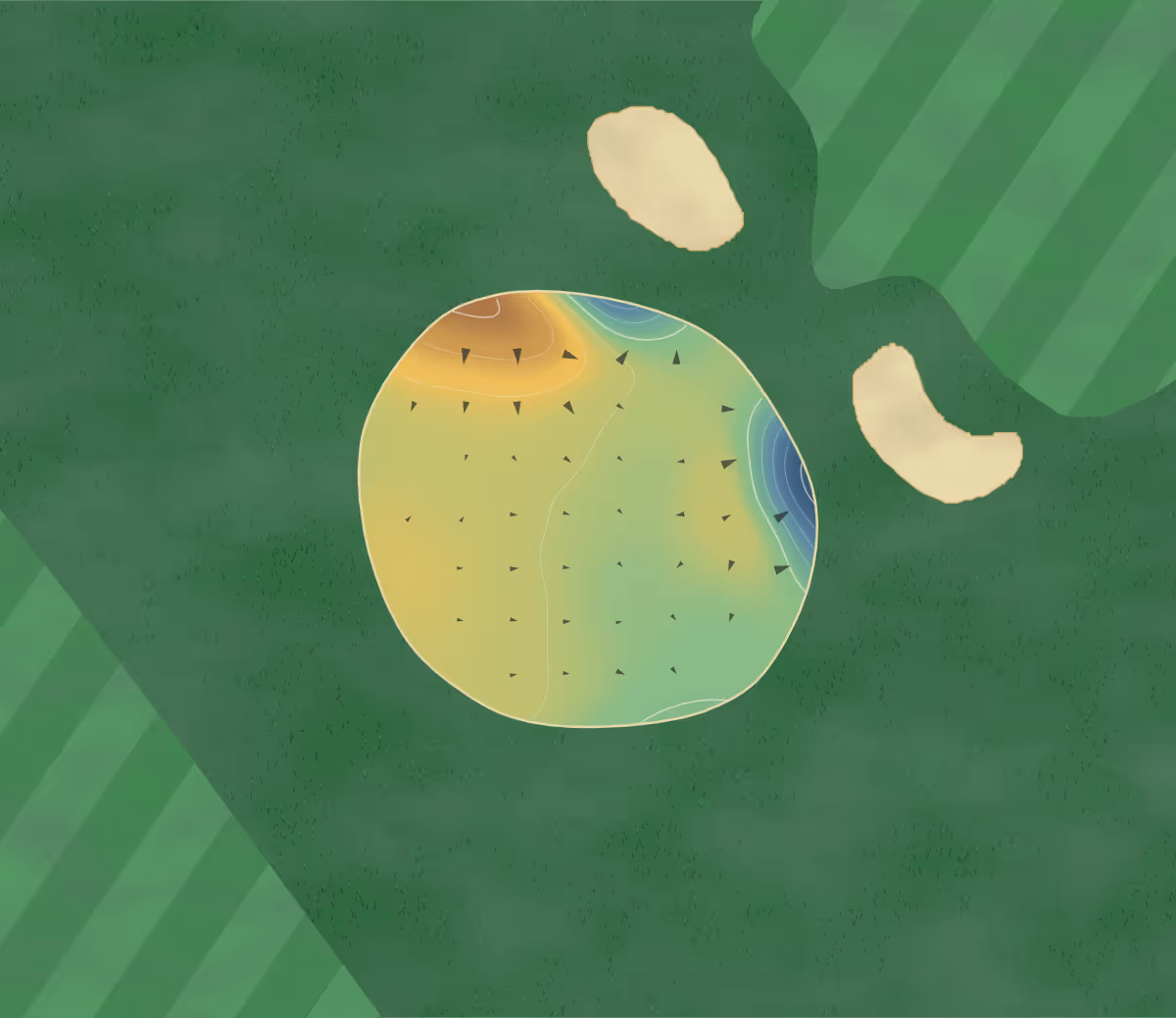 Green contour map of Moon and Sixpence in Woodbridge, England — 32 elevation contours at a 8-centimeter interval with fall-line arrows, traced from 1-meter lidar