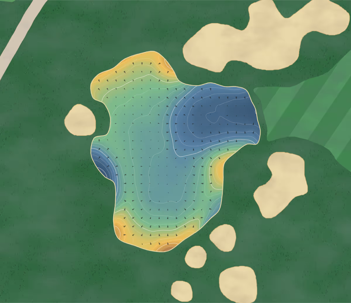 Green contour map of Moon Lake in Saskatoon, Canada — 246 elevation contours at a 8-centimeter interval with fall-line arrows, traced from 1-meter lidar