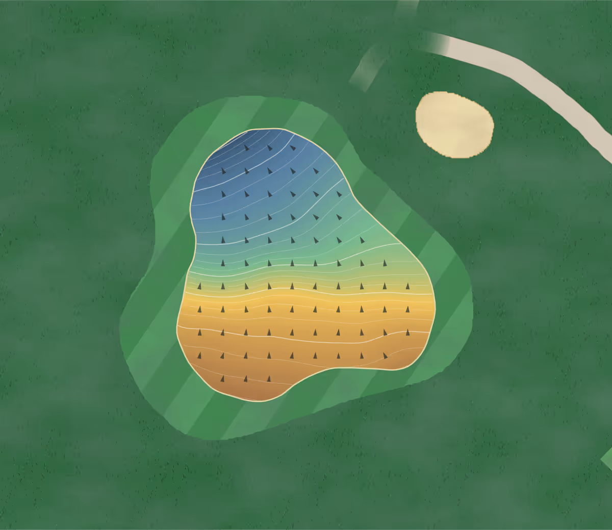 Green contour map of Moor Park in Rickmansworth, England — 225 elevation contours at a 8-centimeter interval with fall-line arrows, traced from 1-meter lidar