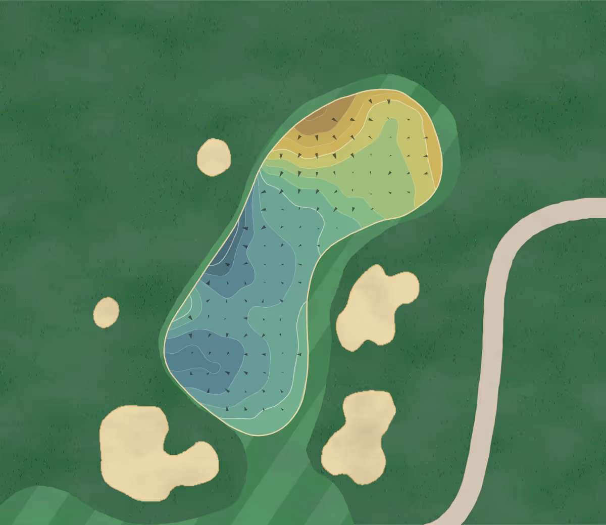 Green contour map of The Moors in Portage, Michigan — 188 elevation contours at a 3-inch interval with fall-line arrows, traced from 1-meter lidar