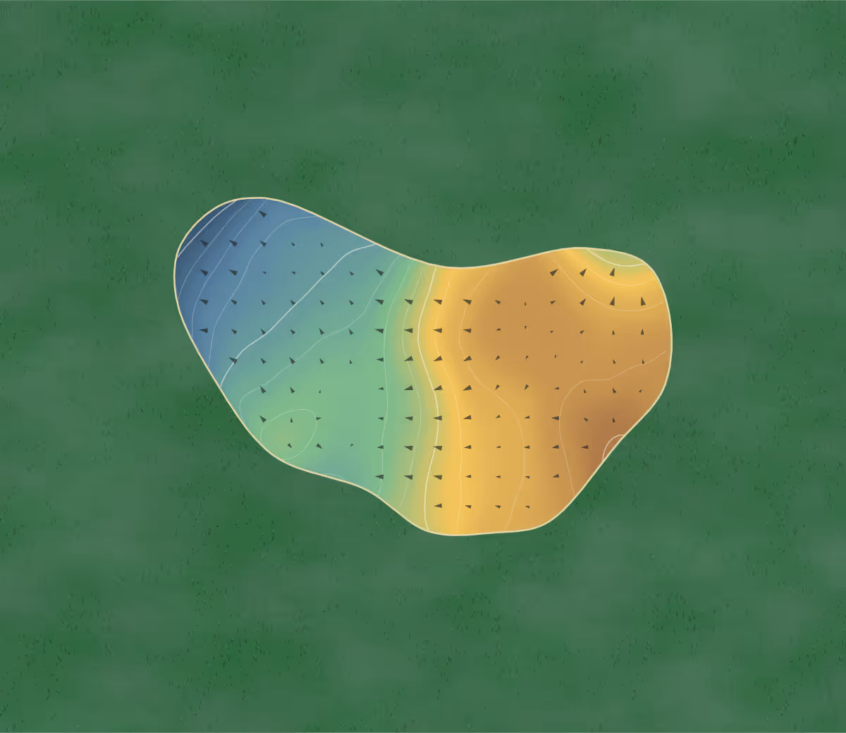 Green contour map of Moortown in Leeds, England — 55 elevation contours at a 8-centimeter interval with fall-line arrows, traced from 1-meter lidar