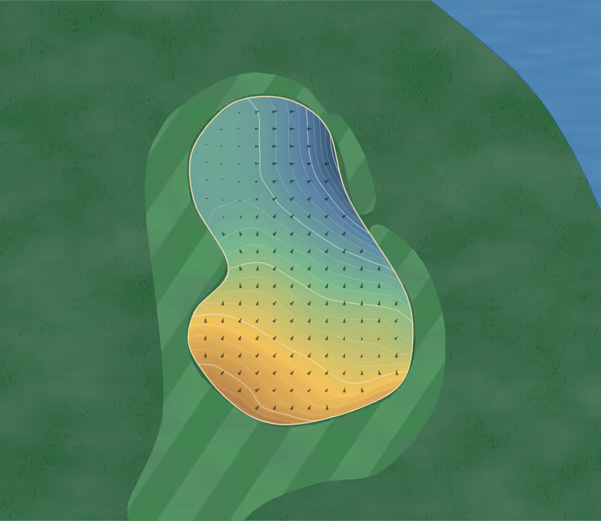 Green contour map of Moose Creek in Alameda, Canada: 93 elevation contours at a 8-centimeter interval with fall-line arrows, traced from 1-meter lidar