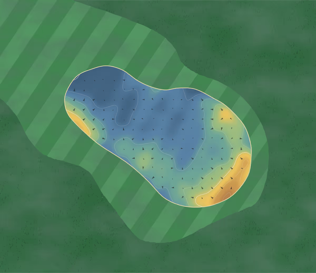 Green contour map of Moray in Lossiemouth, Scotland — 229 elevation contours at a 8-centimeter interval with fall-line arrows, traced from 1-meter lidar