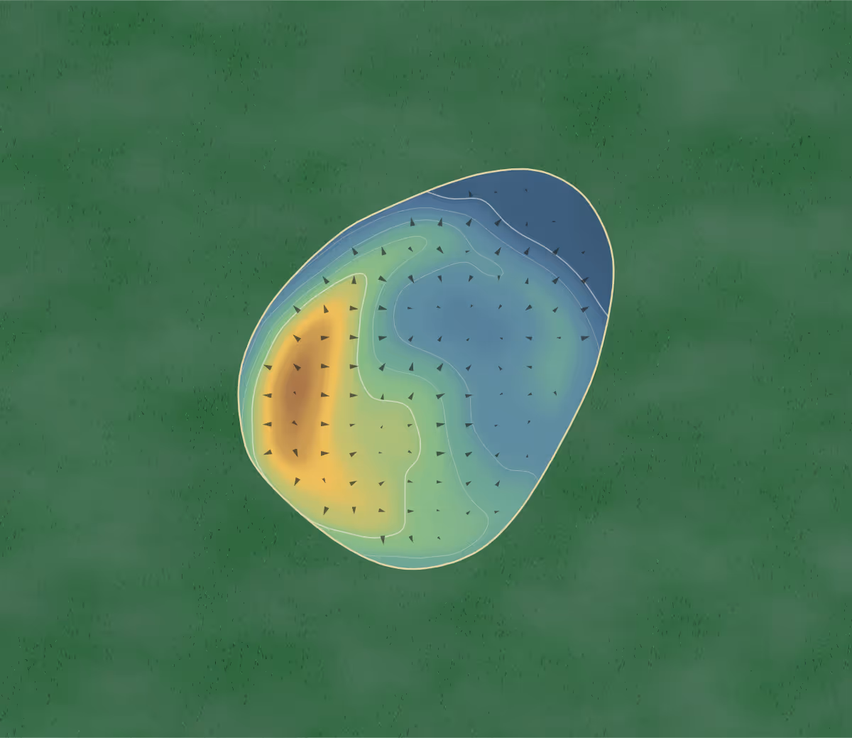 Green contour map of Moreton Hills in Moreton, England: 25 elevation contours at a 8-centimeter interval with fall-line arrows, traced from 1-meter lidar