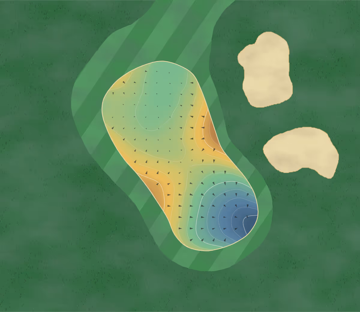 Green contour map of Morgan Creek Golf Club in Surrey, Canada — 19 elevation contours at a 8-centimeter interval with fall-line arrows, traced from 1-meter lidar