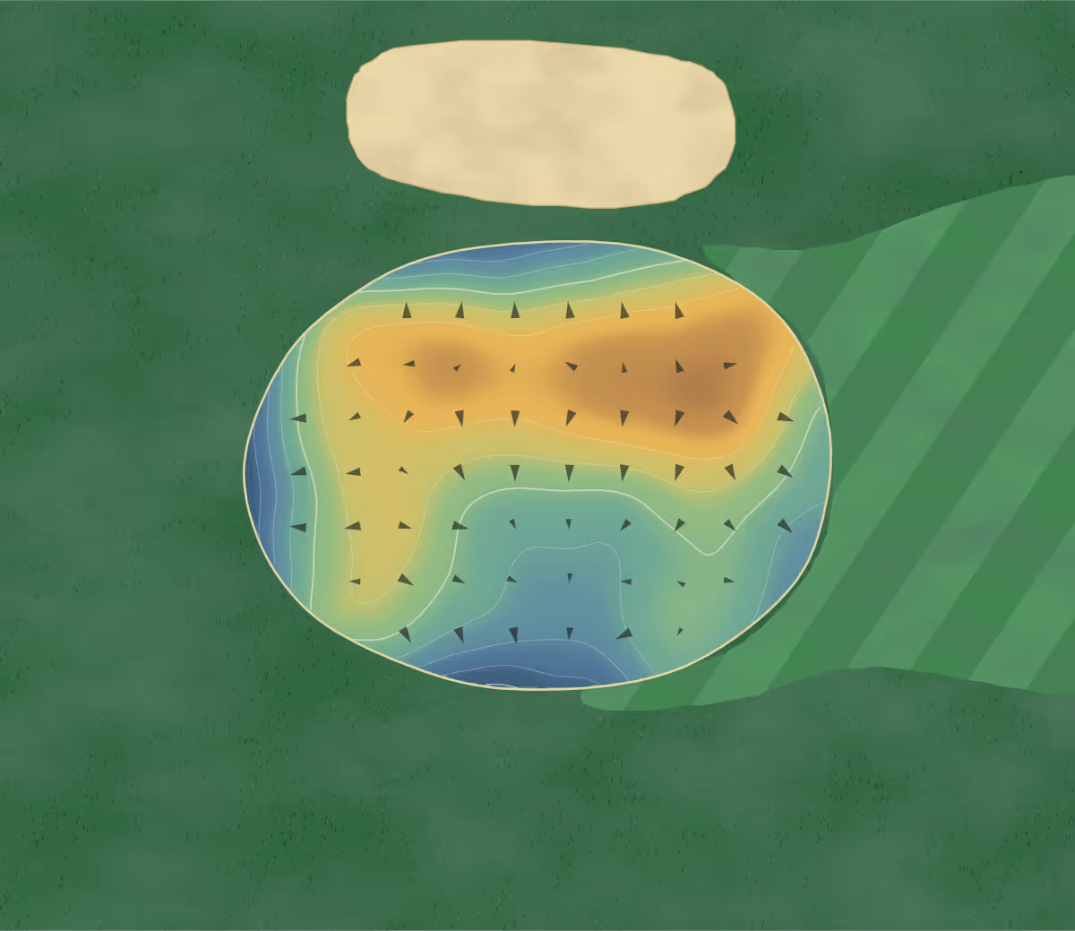 Green contour map of Morningstar GC in Indianapolis, Indiana: 131 elevation contours at a 3-inch interval with fall-line arrows, traced from 1-meter lidar