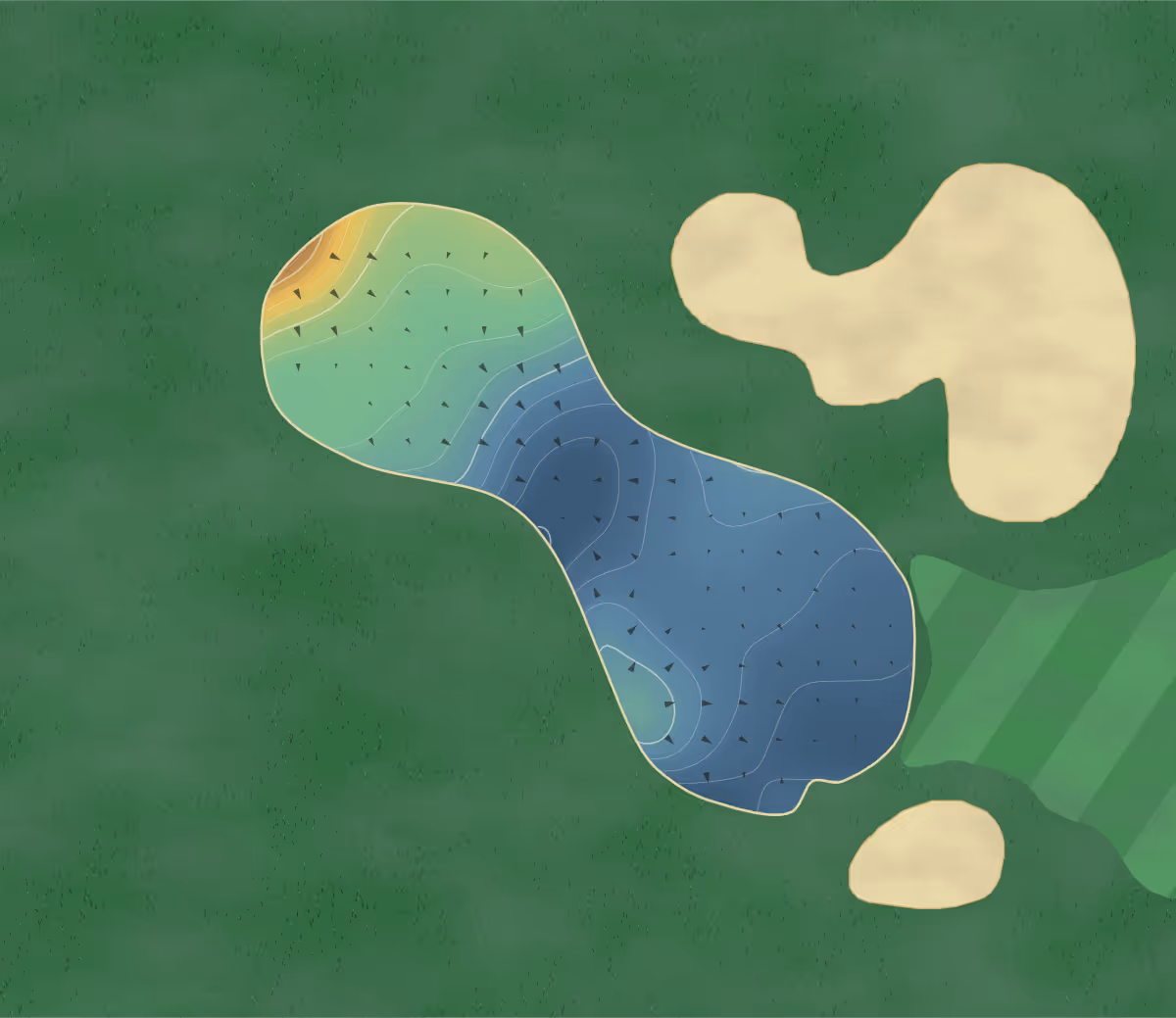Green contour map of Morningstar in Parksville, Canada: 222 elevation contours at a 8-centimeter interval with fall-line arrows, traced from 1-meter lidar