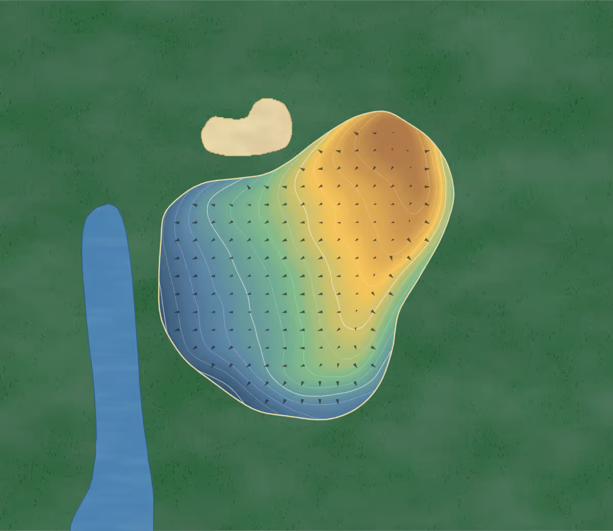 Green contour map of Morningview Park in Sexsmith, Canada: 74 elevation contours at a 8-centimeter interval with fall-line arrows, traced from 1-meter lidar