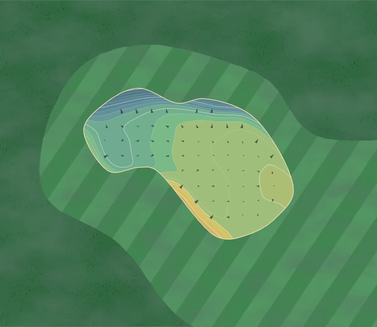 Green contour map of Mortehoe And in Woolacombe, England — 146 elevation contours at a 8-centimeter interval with fall-line arrows, traced from 1-meter lidar