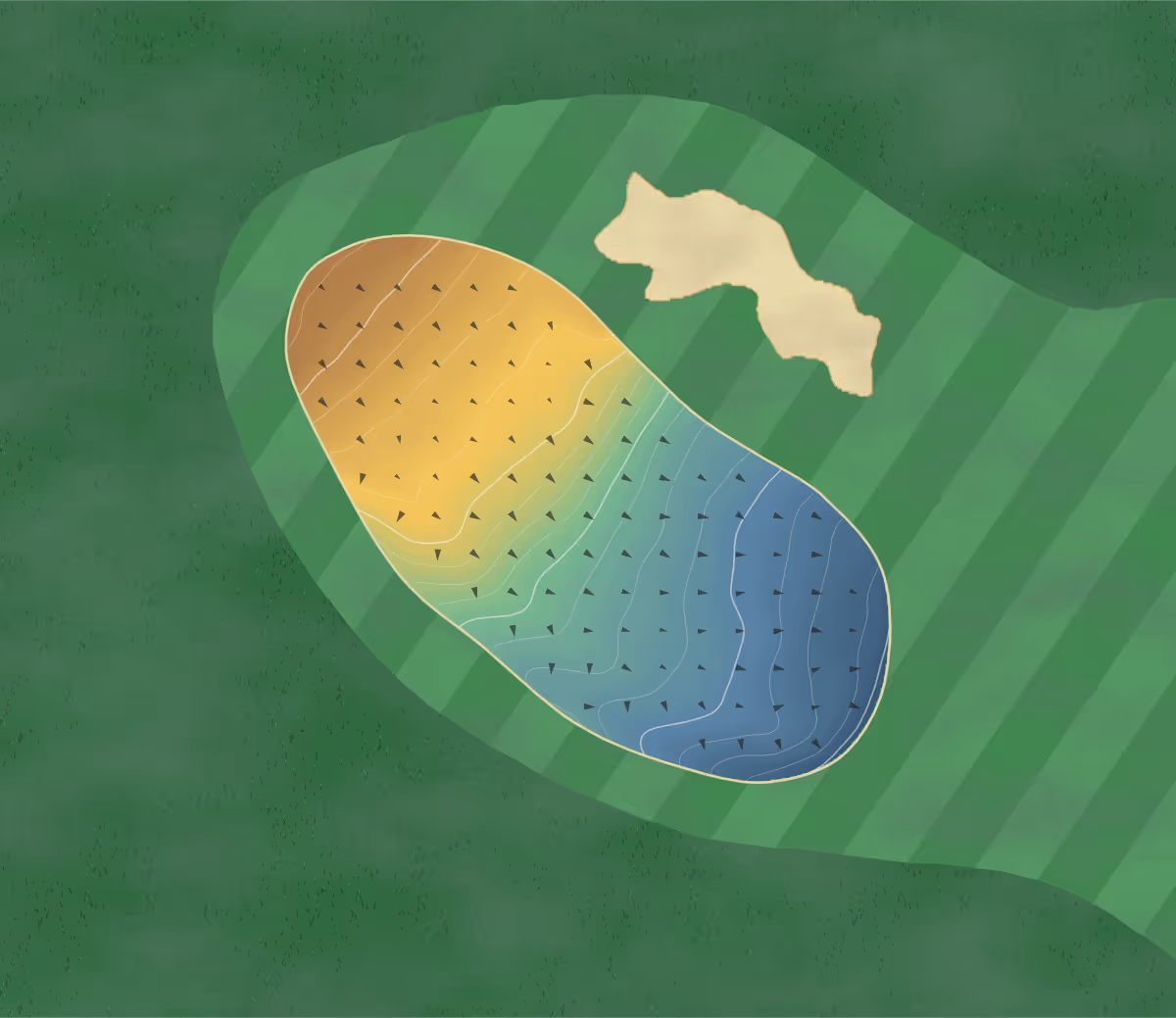 Green contour map of Mortonhall in Edinburgh, Scotland: 158 elevation contours at a 8-centimeter interval with fall-line arrows, traced from 1-meter lidar
