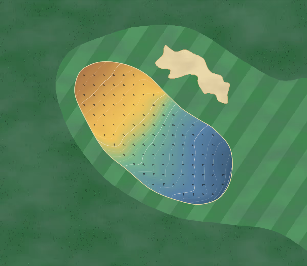 Green contour map of Mortonhall in Edinburgh, Scotland — 160 elevation contours at a 8-centimeter interval with fall-line arrows, traced from 1-meter lidar