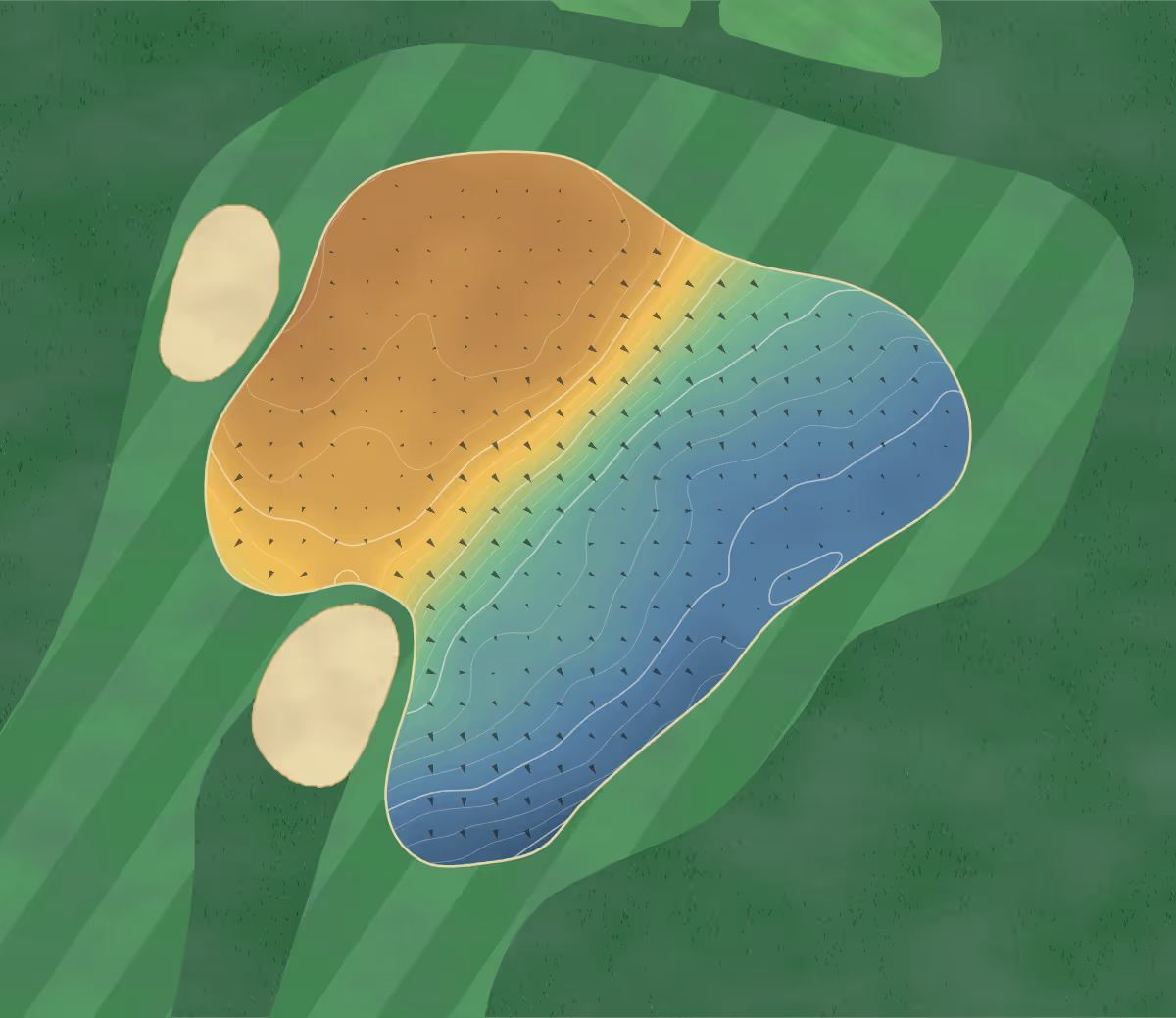 Green contour map of Moruya in Moruya, Australia — 161 elevation contours at a 8-centimeter interval with fall-line arrows, traced from 1-meter lidar