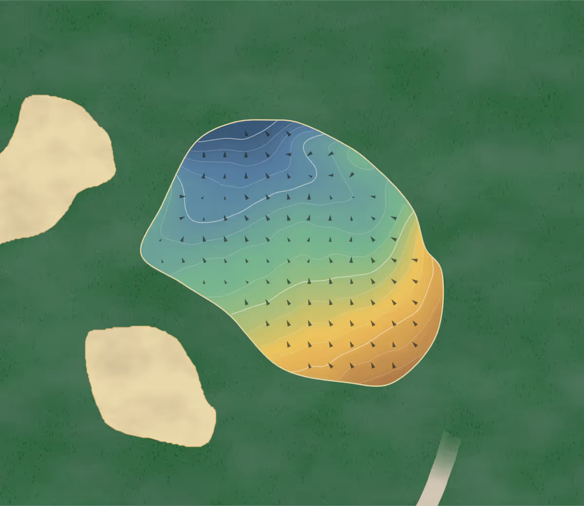 Green contour map of Moseley in Birmingham, England: 15 elevation contours at a 8-centimeter interval with fall-line arrows, traced from 1-meter lidar